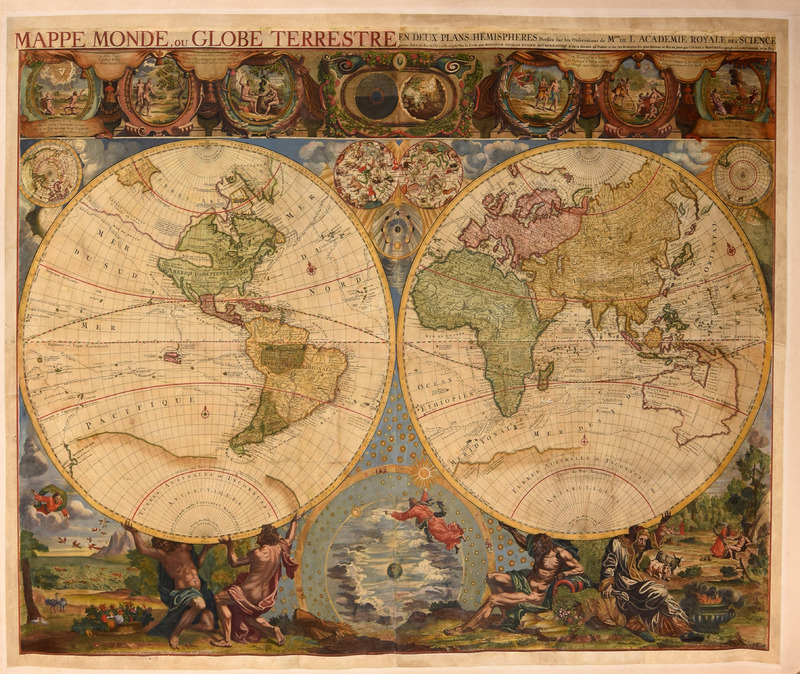 Mappe monde, ou Globe terrestre en deux plans hemispheres dressée sur les observations de Mrss de l'Académie Royale des Sciences [...].