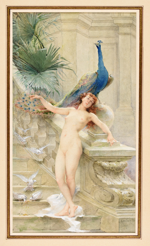 Female nude with a peacock on a monumental staircase.